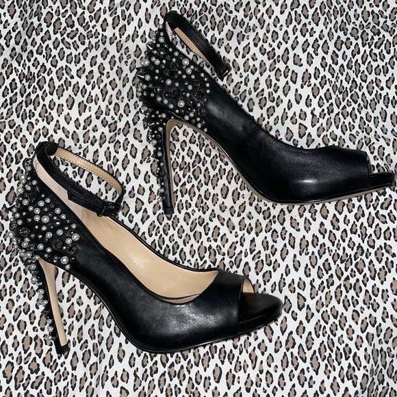 Gianni Bini Womens Ankle Strap Peep Toe Pumps Heels with Studs Pearls and Spikes - Picture 9 of 16